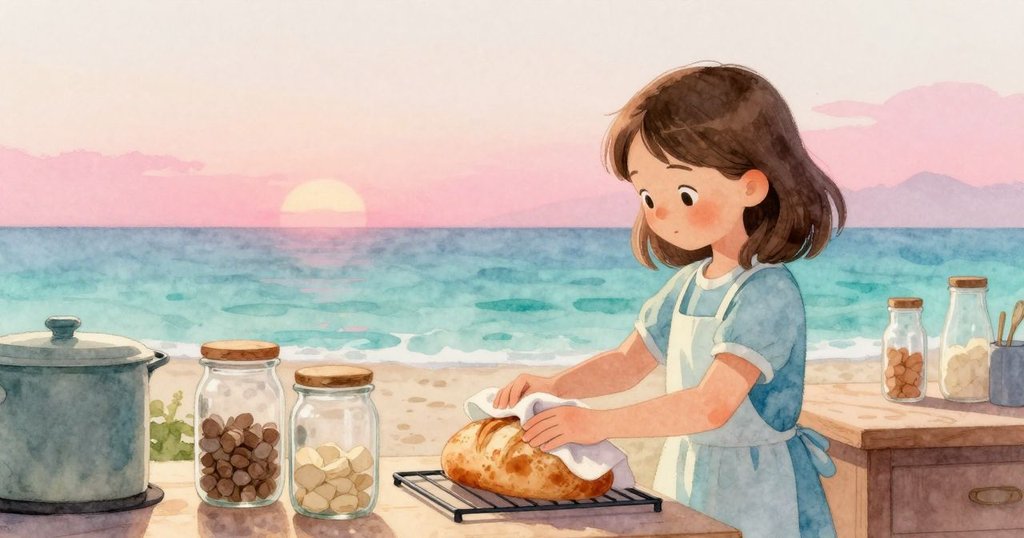 瑪倫在平靜的廚房中輕輕擦拭玻璃罐，旁邊的麵包靜靜冷卻，蒸氣散去，展現出放鬆安心的情景