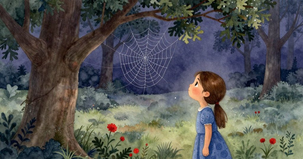 Thea站在門廊台階上凝視晨曦中閃耀露水的蜘蛛網，背景有橡樹和雪松，神情充滿期待與好奇