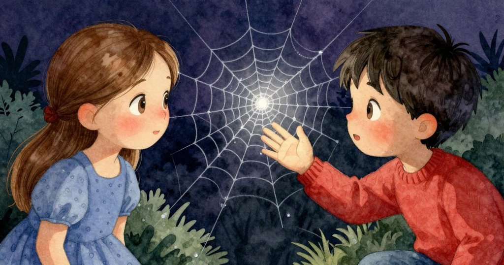 Thea伸出手指輕觸蜘蛛網上閃亮的露珠，畫面細膩呈現大自然微妙之美，充滿探索心情