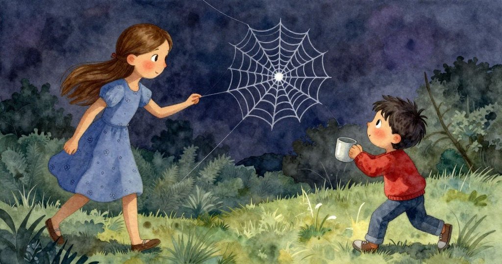 Jonas手持杯子漫步而過，Thea凝視著逐漸縮小露珠的蜘蛛網，背景光影交錯營造出晨光變幻的氛圍