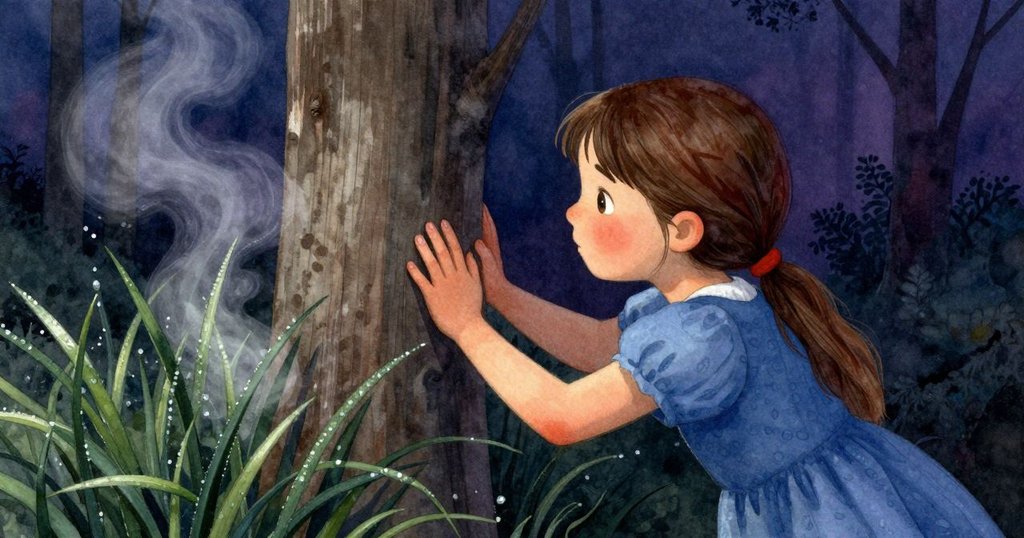 Thea用手掌觸碰雪松柱，感受冷暖交織的溫度，草地上緩緩升起的蒸氣為畫面增添柔和魔幻感