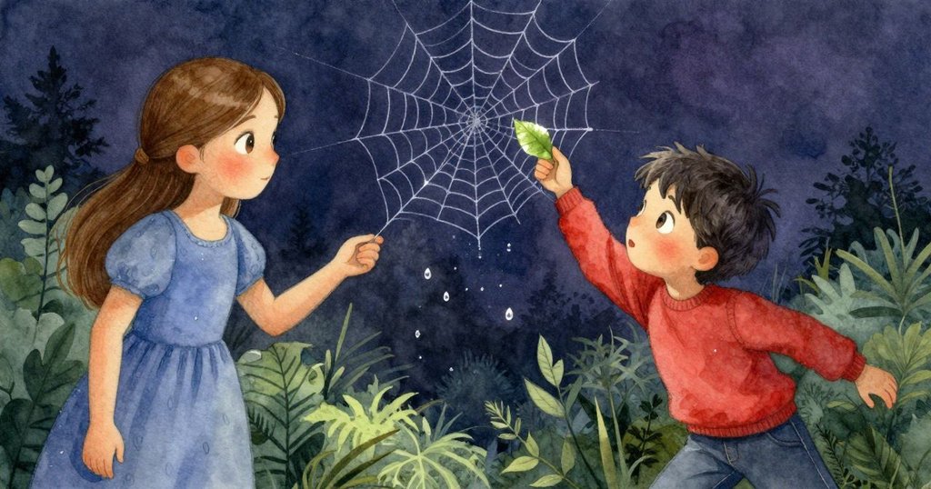 一顆鼓脹的露珠從蜘蛛網邊緣爆裂，輕輕敲打葉片，展現自然界中瞬息萬變的動感時刻