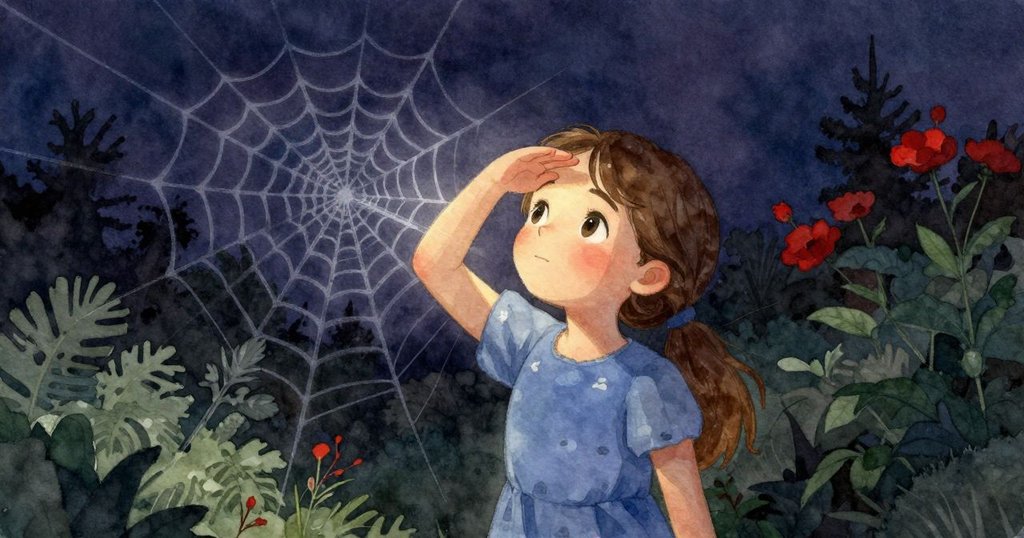Thea遮擋陽光注視即將隱去光彩的蜘蛛網，背景光線明亮溫暖，畫面充滿反思與寧靜感
