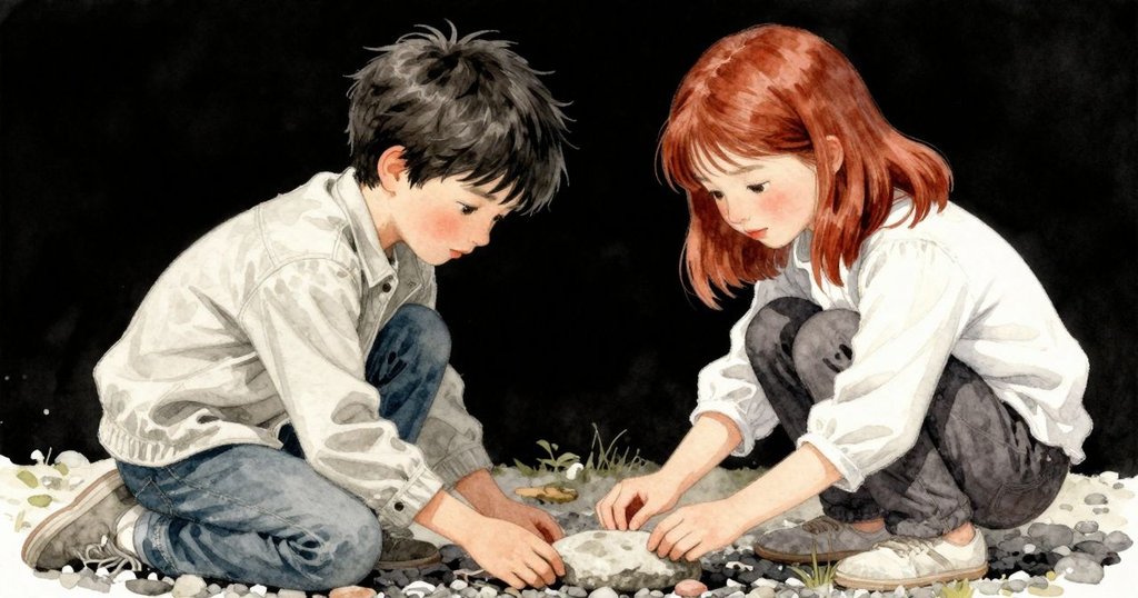 埃米特專注的手輕觸石板,細測其傾斜角度,展現河邊砂礫與光影交織的細膩質感