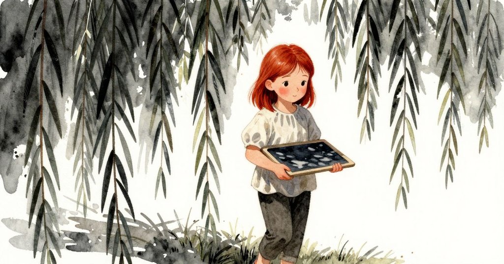 莉娜從柳蔭中緩步走出,手持石板,濕鞋踏實地,光影斑駁下展現河畔柔和自然場景