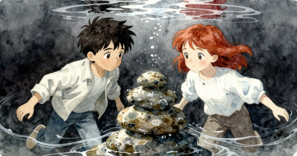 水下視角捕捉石堆旁微妙波紋與流動光線,冰冷水色與花崗岩紋理交織,展現隱藏的水下律動