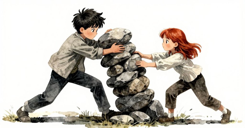 埃米特與莉娜齊心協力穩固歪斜石塔,雙手協調動作呼應激流節奏,動態場面展現堅韌與合作