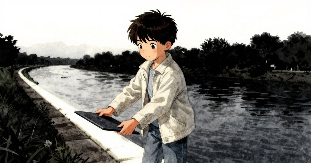 埃米特面向河堤迎接逐漸移動的光帶,輕握石板展現堅定意志,黃昏時分氛圍悄然轉變