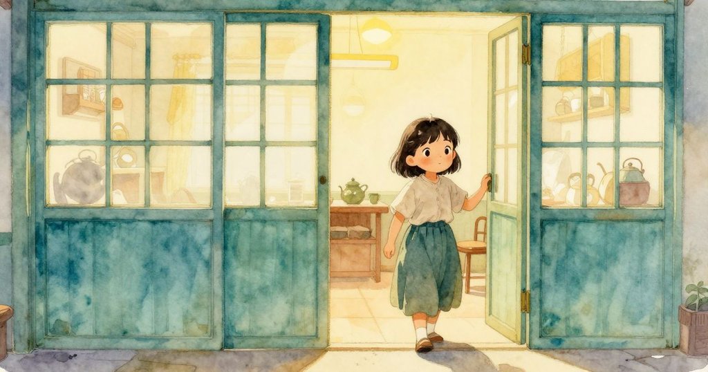 Kit 踏入茶館, 拉開紙屏, 看到溫暖光影灑落, 神情期待, 茶館內部充滿柔和色調與傳統韻味.