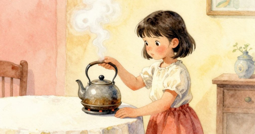 Kit 處在溫暖茶館中, 集中注視水壺蓋輕輕搖晃, 蒸汽飄蕩, 神情充滿驚奇與期待, 細膩柔美.