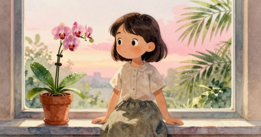 Kit 靜觀窗台上陶罐蘭花, 雨後露珠閃爍, 帶著沉思神情, 溫柔光線映襯, 充滿著細膩情感與發現.