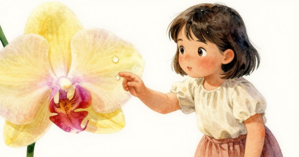 Kit 微彎身仔細觀察微光花朵, 指尖輕觸水滴, 景物細膩展現雨後和煦氣息, 意境深遠.