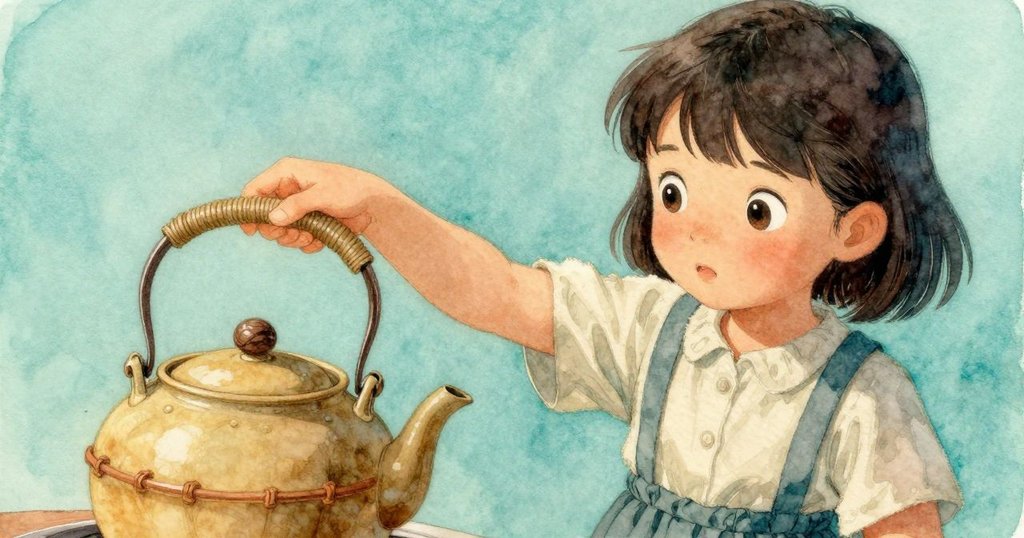 Kit 手指輕觸暖竹茶壺, 輕柔對焦展現左右掙扎與決斷, 眼神流露不確定與堅毅, 溫馨環境中靜謐呈現.