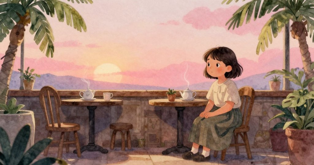 Kit 於寧靜茶館中, 微風吹拂物件, 表情平靜沉思, 光影柔和映襯, 結局流露安詳與靜穆情懷.