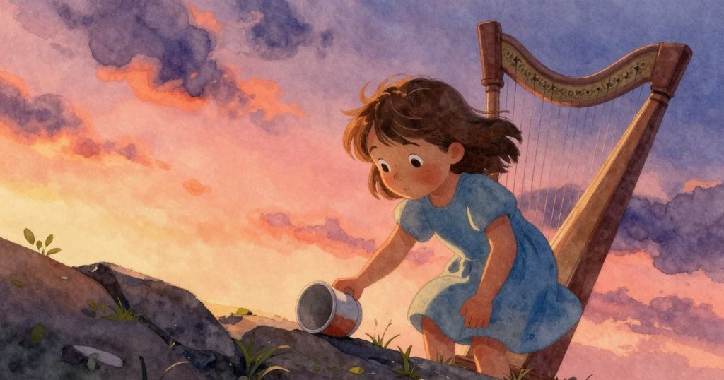 Viola站在山坡上好奇注視著倒置的杯子與風琴，夕陽斜照，背景充滿暖色調與輕微傾斜的構圖。