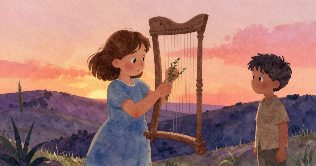 Viola專注地將百里香插入風琴弦，Ben靜靜觀望，透過縫隙觀察兩人緩慢而細膩的實驗過程。