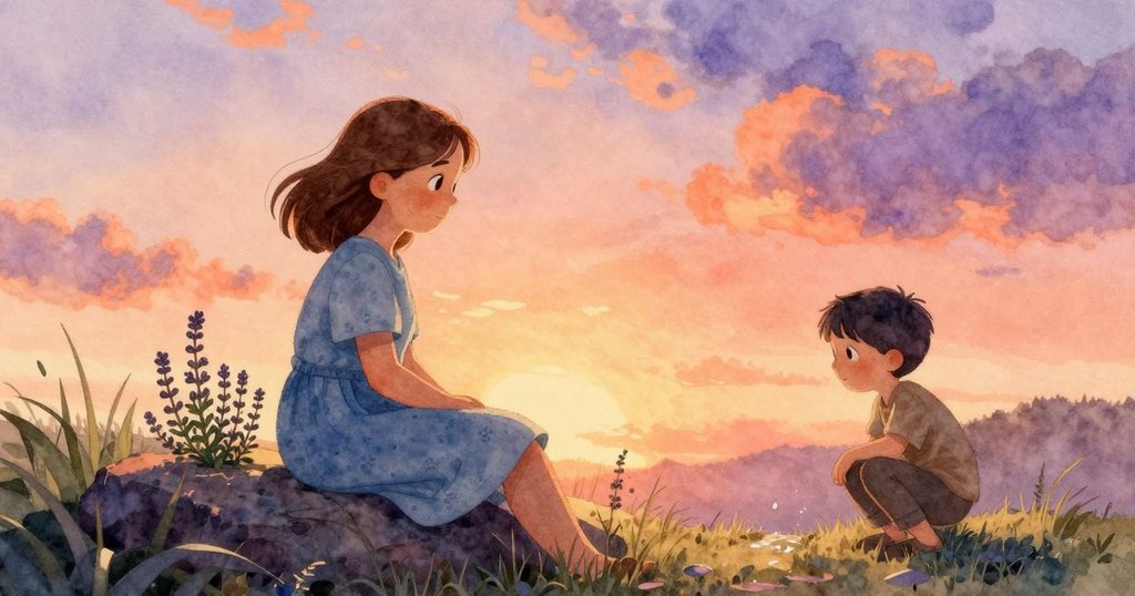 Viola坐於溫暖岩石上輕放百里香，Ben蹲旁注視從杯緣滑落的水滴，環境寧靜自然，日光柔和流轉。