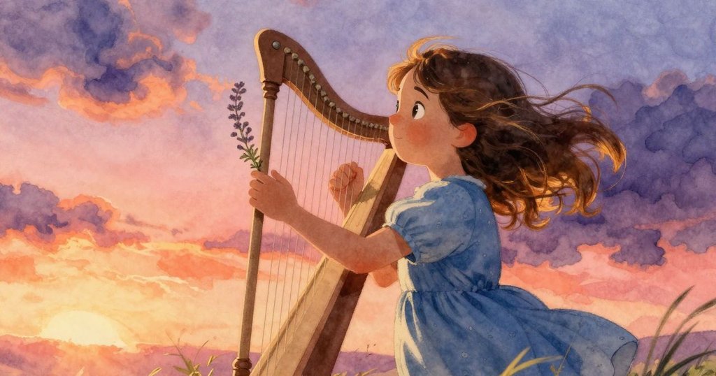 一陣強風掀起百里香枝條，Viola驚訝手停於半空，風琴弦隨風顫動，瞬間動態凝固在驚喜中。