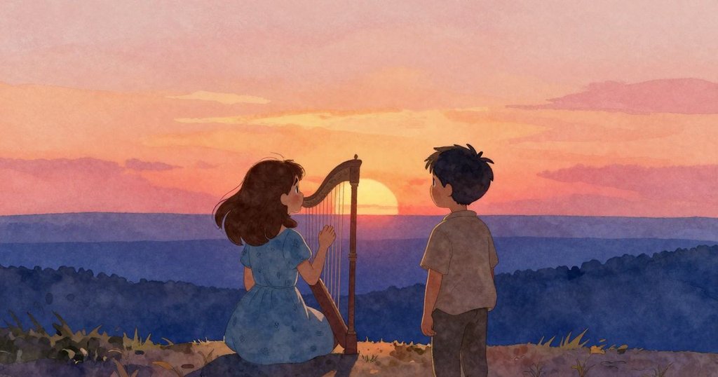Viola與Ben在夕陽下凝視藍色遠方，風琴傳來柔和低音，金光覆蓋大地，兩人心靈相通共享寧靜時刻。