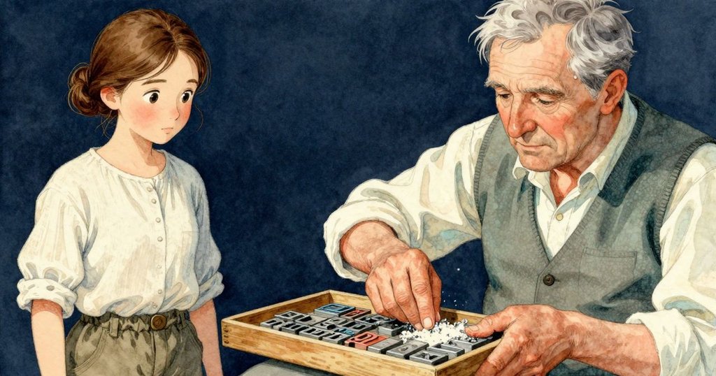 梅芙專注地用手擦拭墨塵，近鏡頭展現她輕拿著經拋光的金屬字模和刻有凹痕的松木托盤，透露出認真工作的細膩感