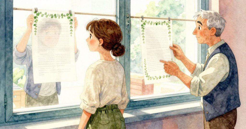 梅芙透過大窗觀察印刷室內掛滿藤蔓邊框印刷品，年長工匠在旁專注工作，充滿藝術與歷史氛圍