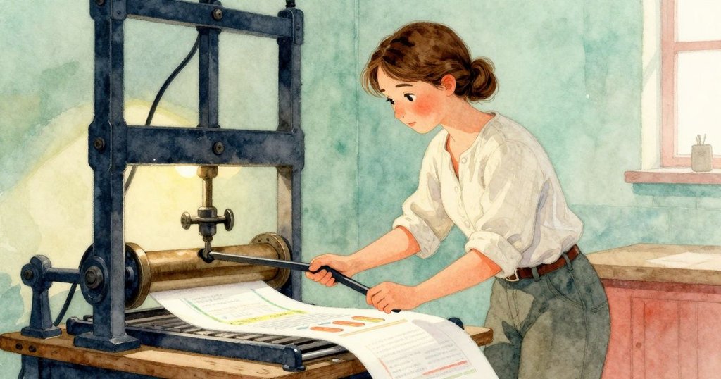 梅芙在溫暖的下午燈光中操作印刷機把手，印版懸浮在新印刷品上，室內氛圍展現出時間流逝與期待感