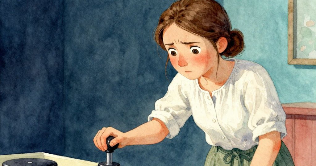 梅芙面露猶豫與反思，手尚未落下把手，近鏡頭捕捉到她因一行異樣字模而內心糾結的瞬間