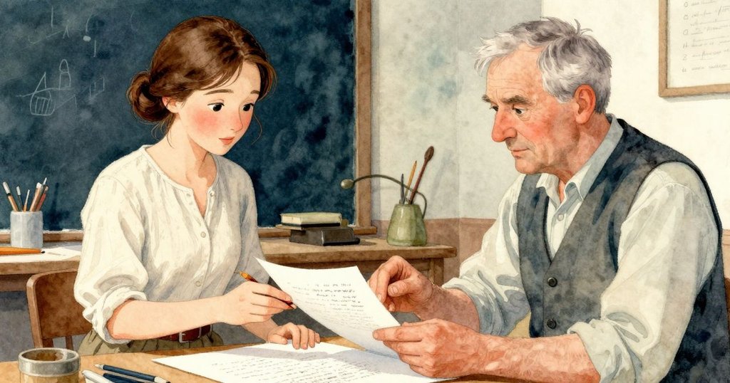 梅芙將校正好的字模放入組版中，與年長工匠互致會心微笑，充滿溫馨與認可的印刷室場景