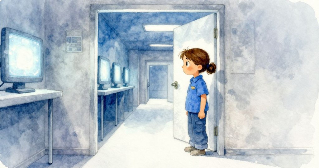 Faye 站在走廊入口，凝視著操作室內藍白光亮的監視器，臉上流露出專注與好奇，環境靜謐而神秘