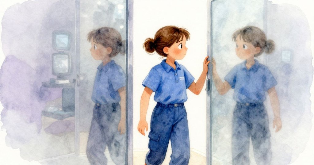 Faye 穿過巨大的玻璃走進操作室，藍白光在玻璃上反射，她臉上帶著堅定神情，環境充滿現代感