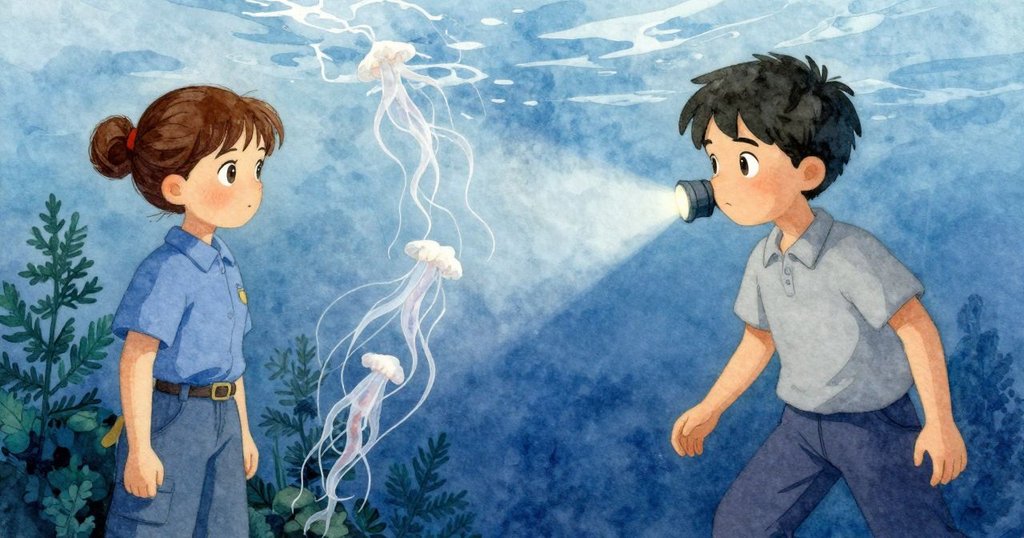 水下景象中，機器燈光穿透黑暗海水，照亮飄舞的水母絲與微小氣泡，營造出神秘而靜謐氣氛