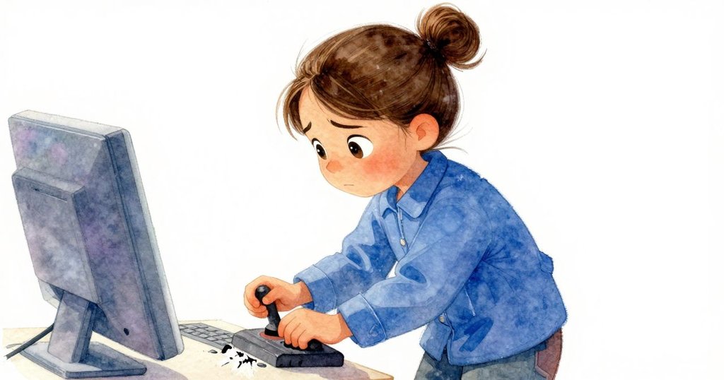 Faye 將手輕輕放在出現裂痕的操縱桿上，臉部隱約流露出擔憂，背景中有閃爍的控制台細節