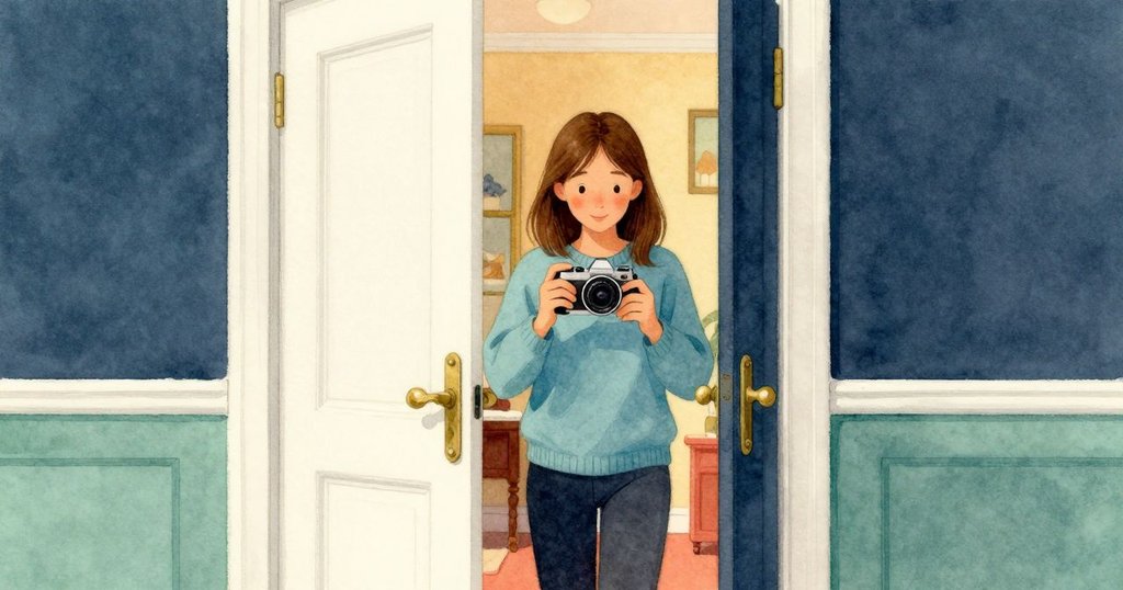 Phoebe 踏出黑暗工作室，走進溫暖明亮的走廊，表情堅定，門旁銅製把手映出溫暖光芒。