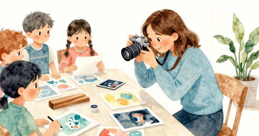 Phoebe 專注調整相機對焦，工作桌上擺滿攝影器材和木楔，背景有 Noel 靜靜陪伴，層次分明。