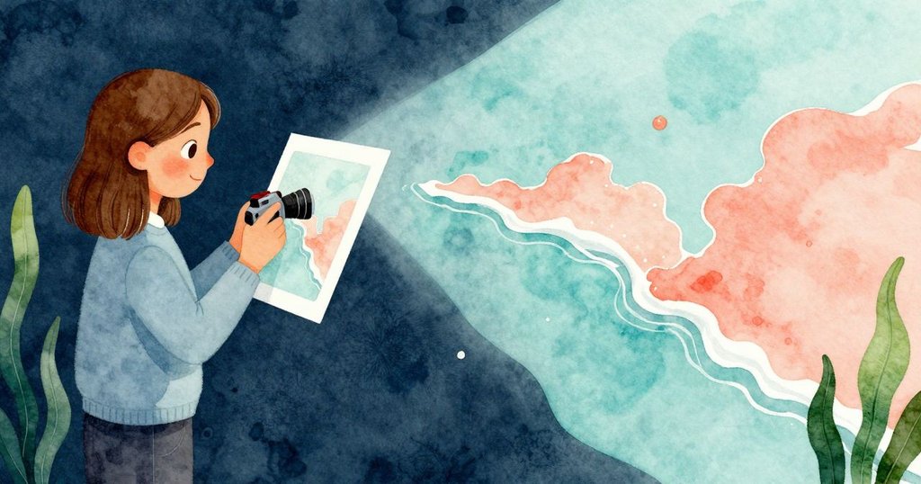 Phoebe 仔細觀察印相缺陷，銀幕一角顯現出地圖般海岸線，展現藝術創意與夢想交融。