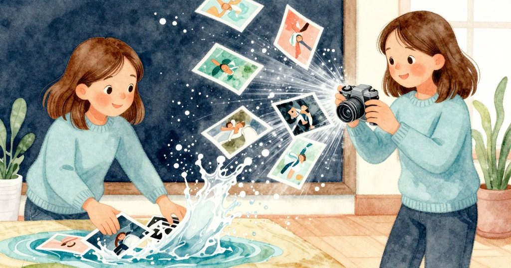 Phoebe 被水管意外撞擊驚嚇，濺起的水花和飛散的紙張營造動感，臉上流露驚奇表情。