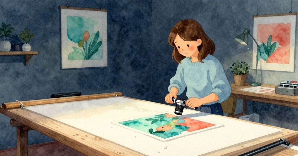 Phoebe 在溫暖黄光中將濕印晾掛，穩固的木楔輔助畫架，整個工作室散發出平靜收尾氛圍。