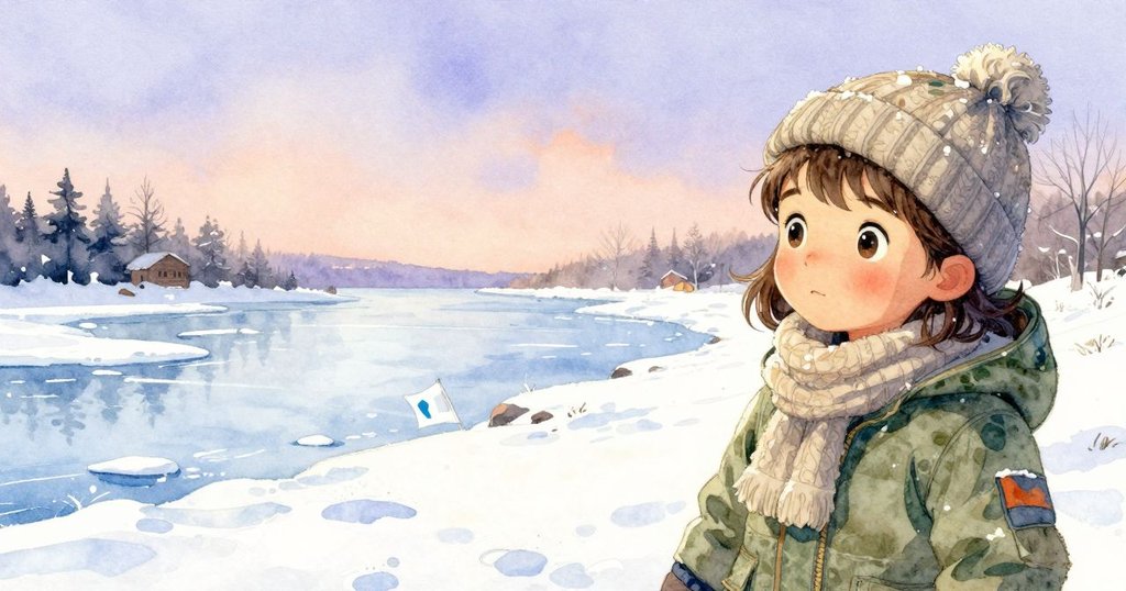 弗洛伊德與家長在冰凍海岸探查冰面,鮮豔旗幟映襯冬日寒光,充滿好奇與期待,構圖帶有傾斜角度