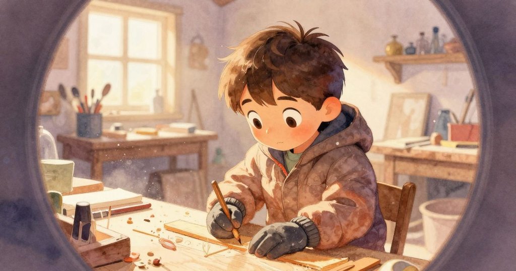 弗洛伊德於明亮工作坊中用刨子修整木材,木屑在金光中飛舞,畫面呈現扭曲視角,展現專注工藝