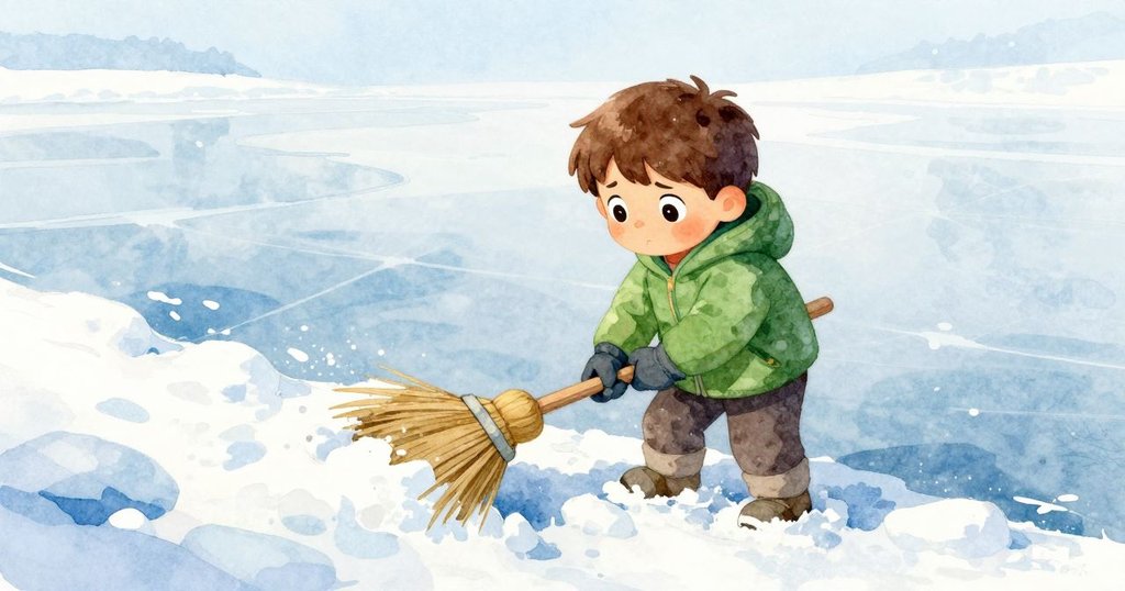 弗洛伊德蹲於冰湖邊,用掃帚撬起堅硬雪嶺,揭示隱藏冰下氣隙,畫面充滿轉換感與冷冽光影