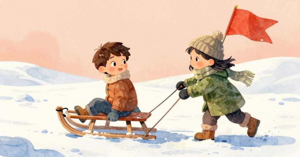 弗洛伊德輕推雪橇滑向旗幟,家長滿意注視,雪地洋溢喜悅,展現修復成功後的慶祝氛圍與活力