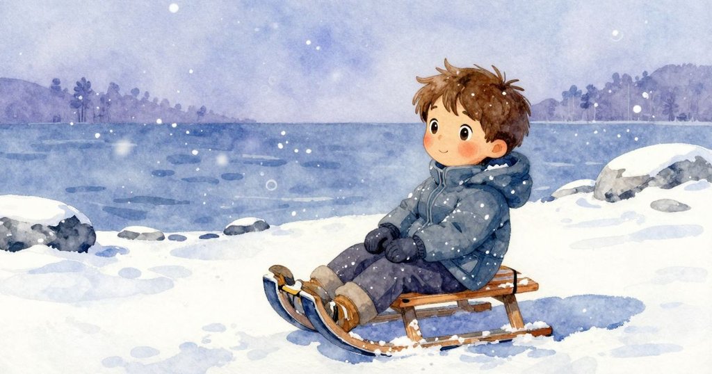 弗洛伊德於花崗岩岸邊休息,雪花柔落,掃帚置旁,呈現一天結束後的平靜與滿足感,氛圍安寧