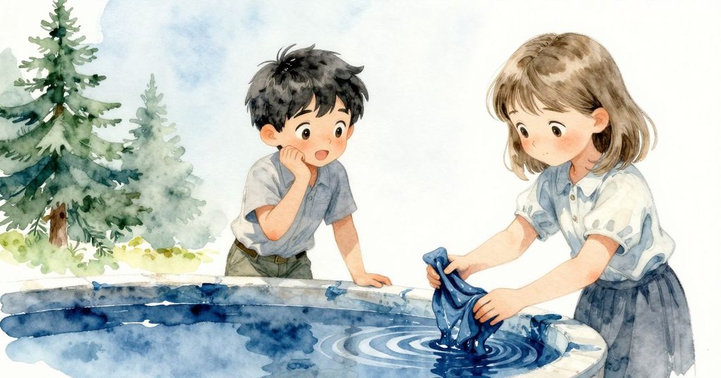 布料緩緩浸入靛藍染槽，Xander與Neve小心握持，光影交替，呈現時間流轉與創作沉思