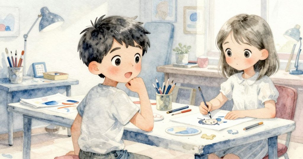 整體遠景展示工作室全貌，Xander與Neve協作創作，桌上散布工具與材料，環境溫馨細緻，呈現創意全景