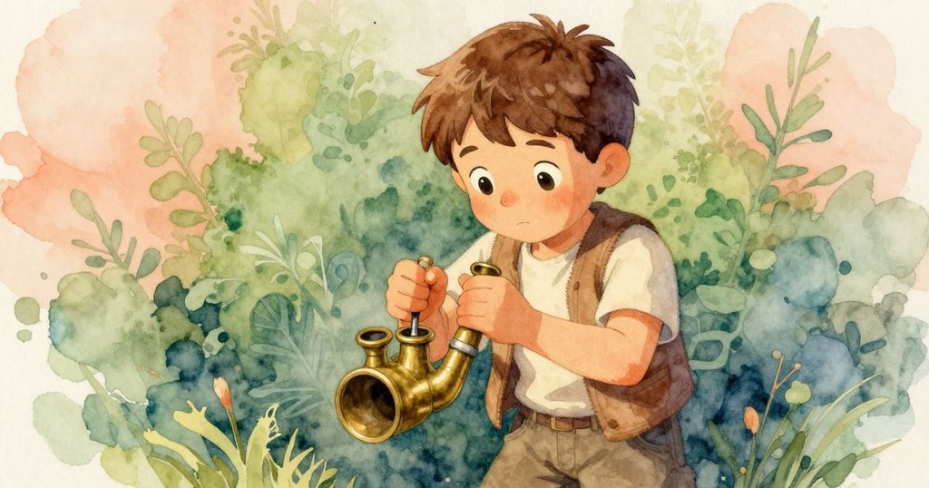 尼斯特俯身專注修整銅管，低角度呈現堅定神情，背景映出柔和燈光與古舊機械細節