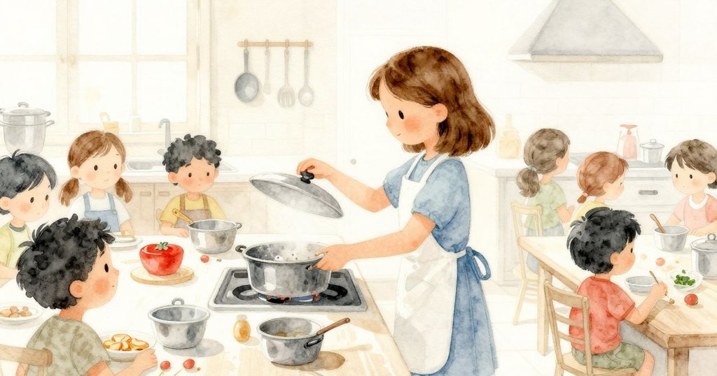 在溫暖廚房中,Sara開啟陶罐,周圍聚集各式廚具與食材,忙碌中帶著期待的情緒