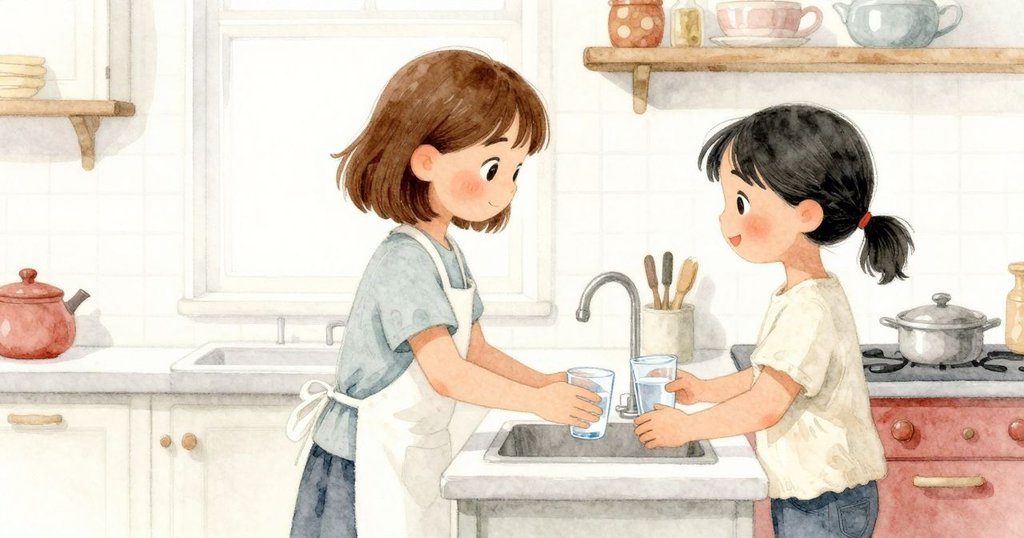 Lily走入明亮廚房,帶著清水杯放於櫃檯,與專注的Sara互動,流露關切神情