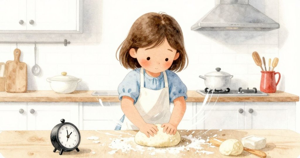 Sara在廚房中全情揉捏麵糰,隨著計時器響起與氣泡爆裂,動態展現忙碌能量和溫暖光影