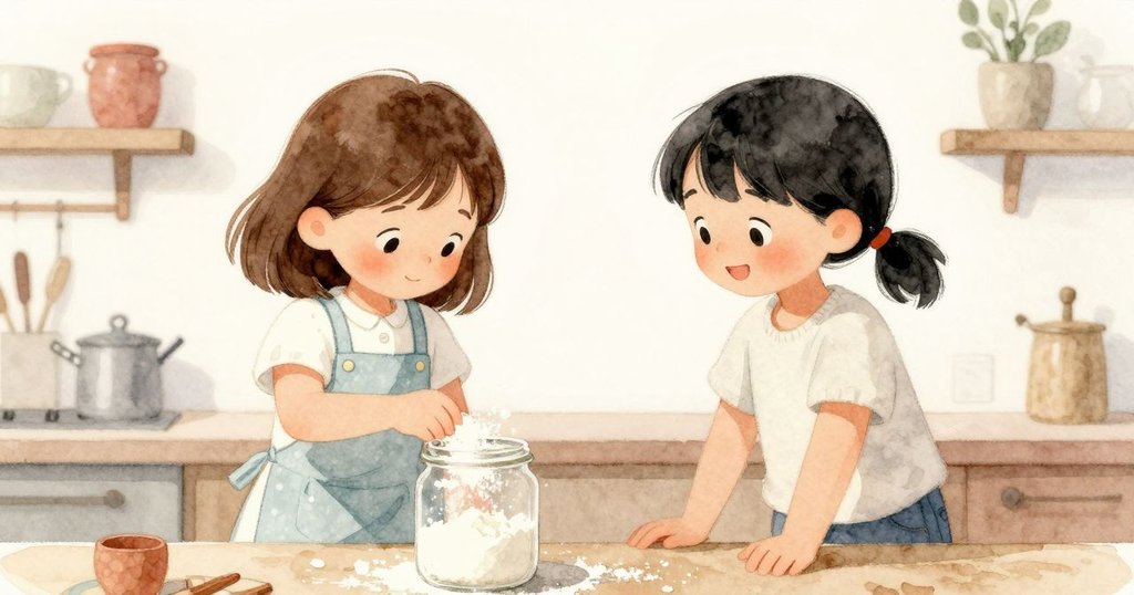 Lily輕灑麵粉於陶罐上,Sara點頭回應,櫃檯前呈現互助情誼與希望感,畫面溫馨流暢