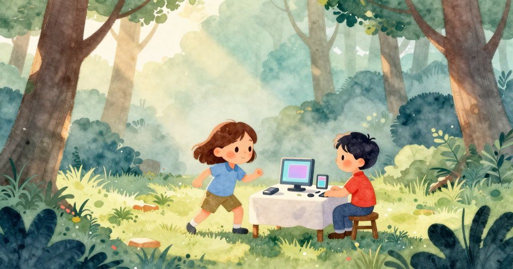 Esme與Ivan在森林晨霧中布置科技設備，光線柔和，表情專注，展開冒險探索的序幕